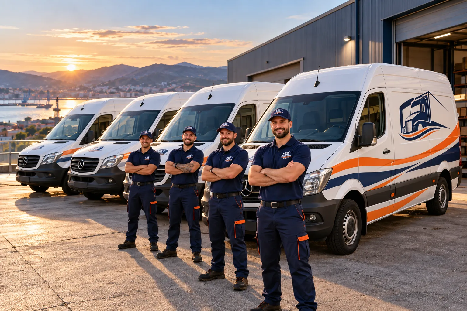 Furgonetas y equipo de TransVelez al atardecer