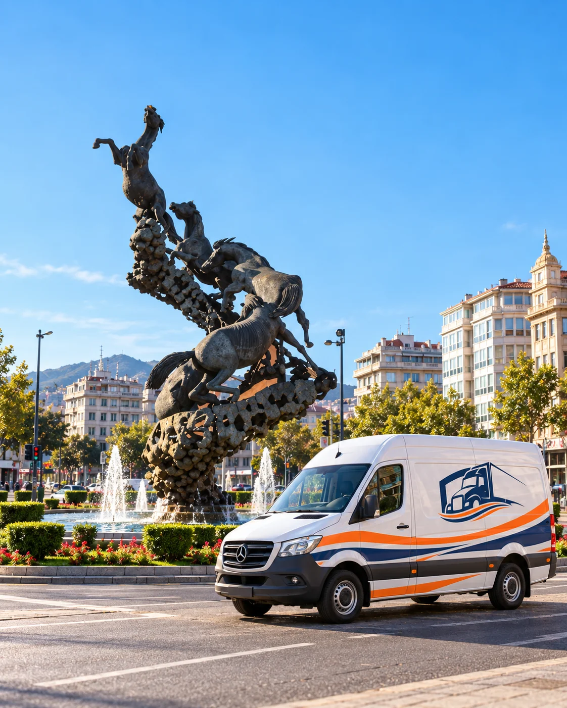Furgoneta de TransVelez frente al Monumento a los Caballos en la Plaza de España de Vigo